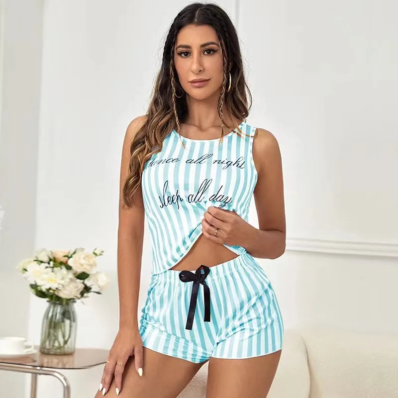 Pajamas for Women Summer Stripe Print Sleepwear Faux Cotton O-neck Pyjama Tank Top Shorts 2-piece Soft Sleeveless Home Nightwear