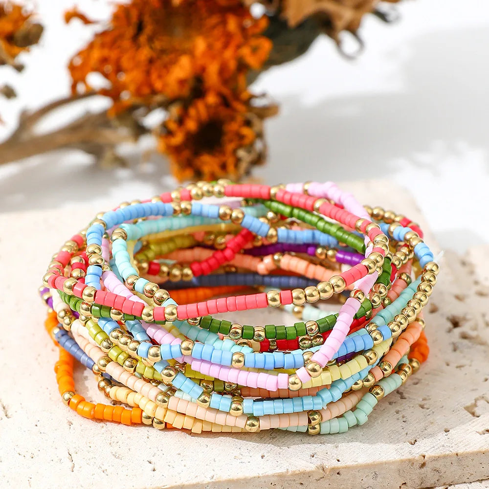 Bohemian Style Beaded Bracelet Set For Women Colorful Beads Stretchy Strand Chain Bangle Girls Summer Beach Vacation Jewelry
