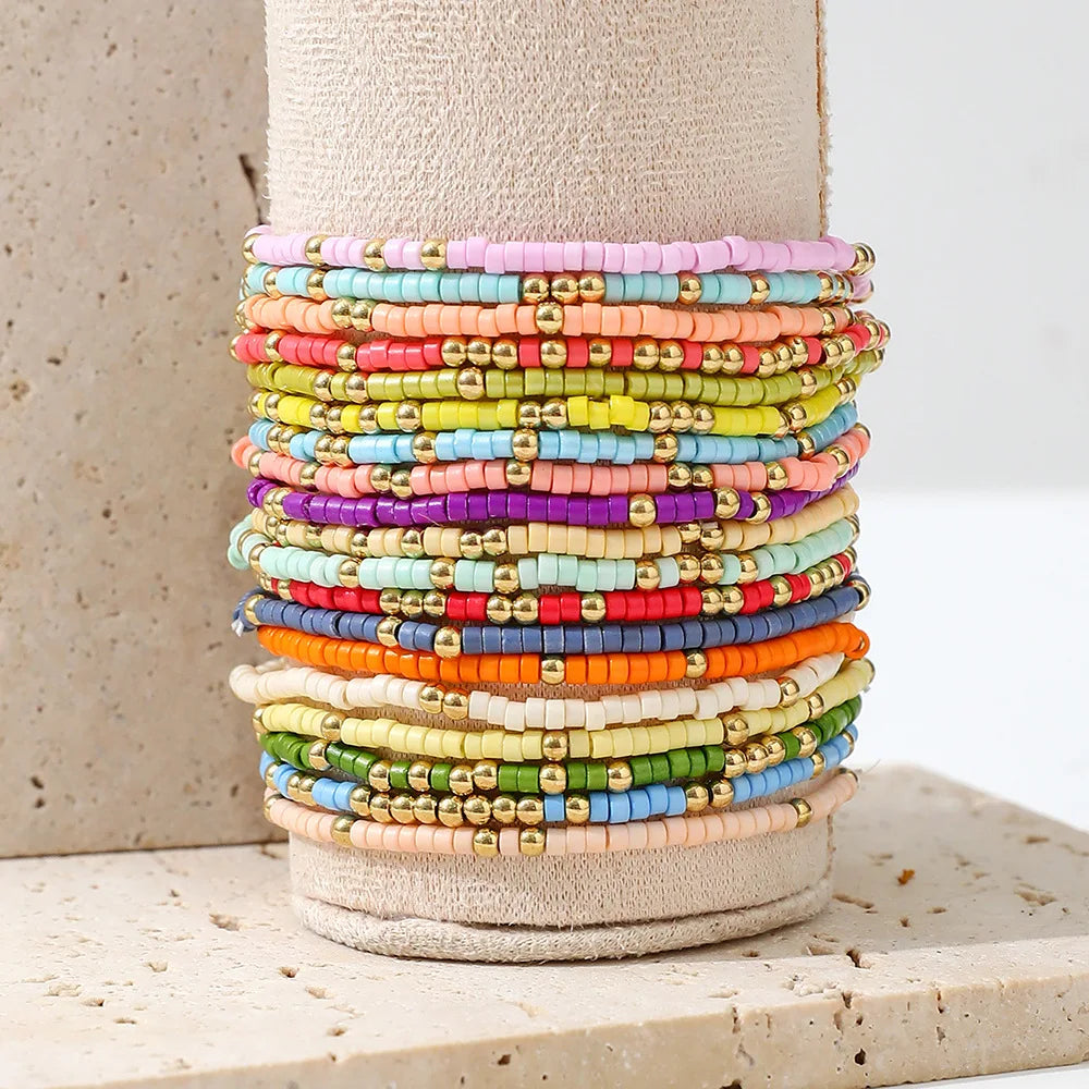 Bohemian Style Beaded Bracelet Set For Women Colorful Beads Stretchy Strand Chain Bangle Girls Summer Beach Vacation Jewelry