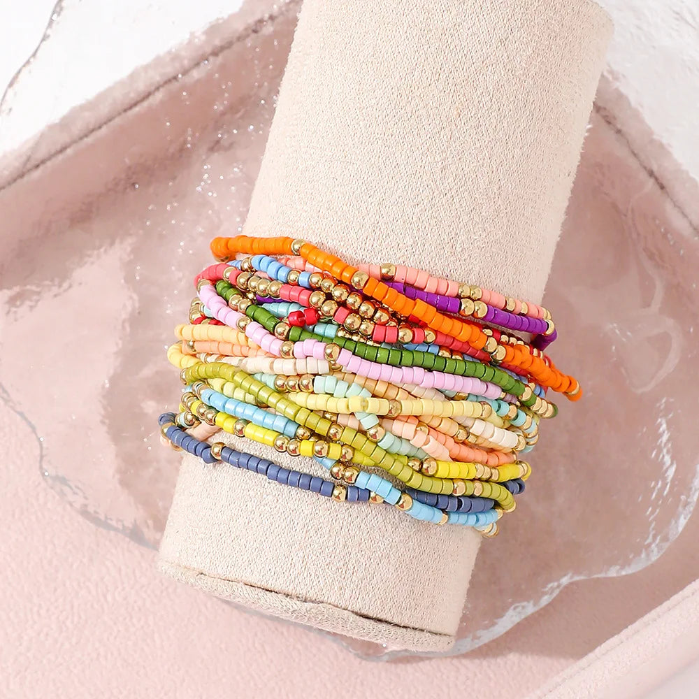 Bohemian Style Beaded Bracelet Set For Women Colorful Beads Stretchy Strand Chain Bangle Girls Summer Beach Vacation Jewelry