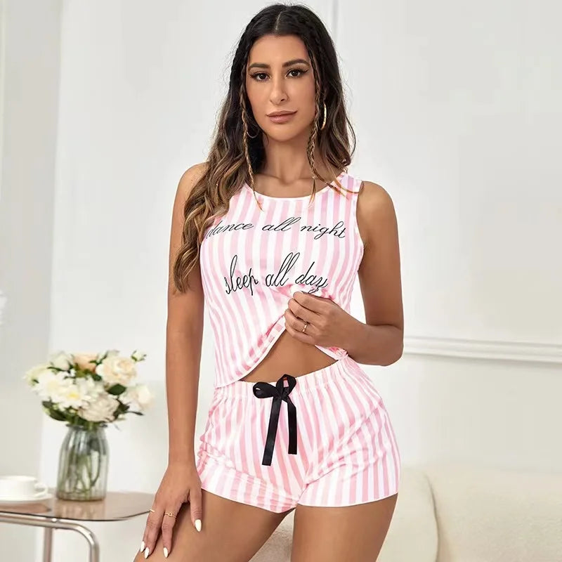 Pajamas for Women Summer Stripe Print Sleepwear Faux Cotton O-neck Pyjama Tank Top Shorts 2-piece Soft Sleeveless Home Nightwear