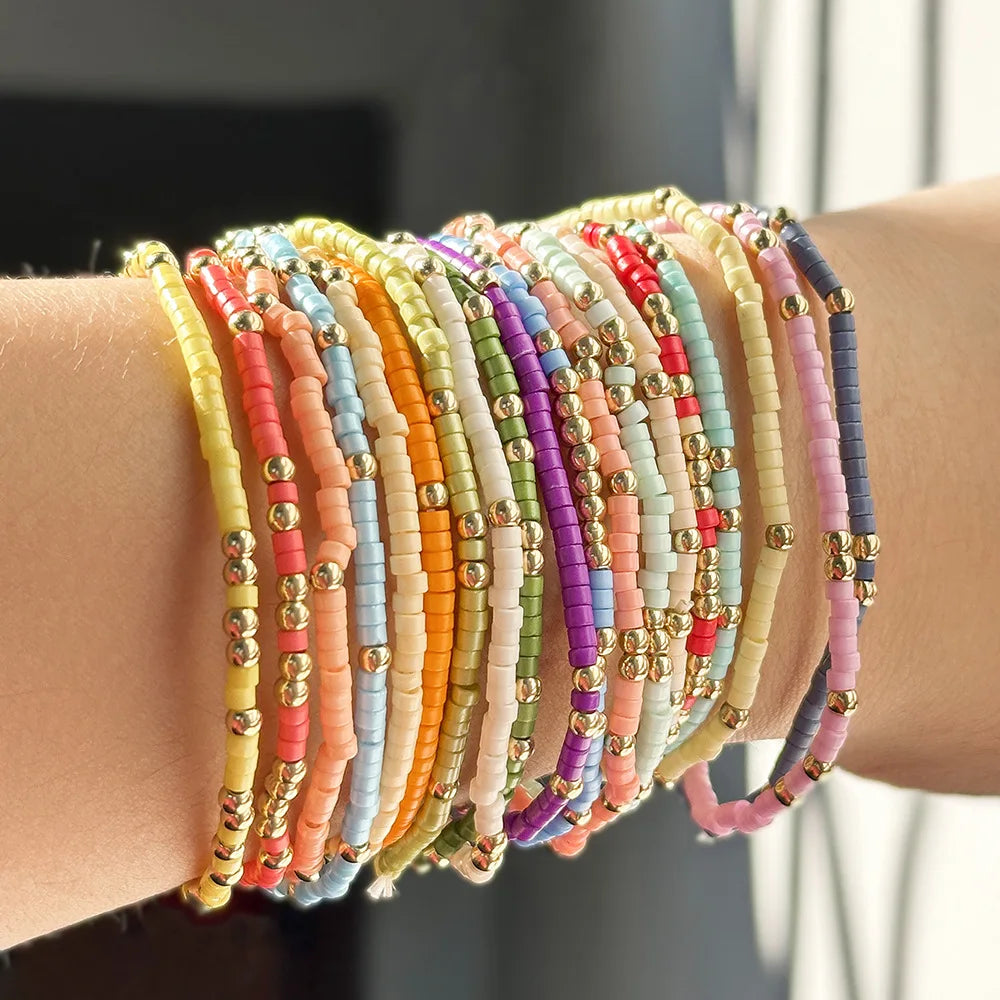 Bohemian Style Beaded Bracelet Set For Women Colorful Beads Stretchy Strand Chain Bangle Girls Summer Beach Vacation Jewelry